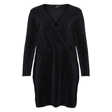 Robe courte noire côtelée à coupe portefeuille col v et à manches longues