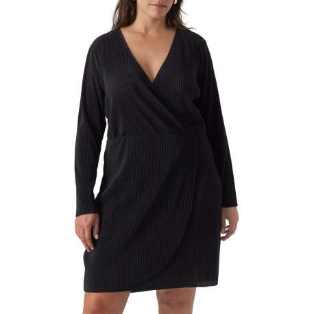 Robe courte noire côtelée à coupe portefeuille col v et à manches longues - Image 3