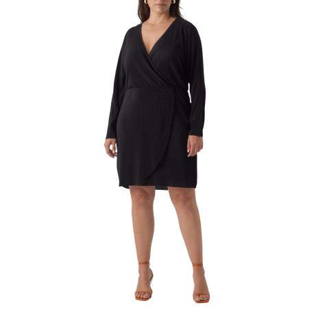 Robe courte noire côtelée à coupe portefeuille col v et à manches longues - Image 4