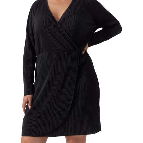 Robe courte noire côtelée à coupe portefeuille col v et à manches longues - Image 5