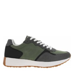 Baskets running kaki avec patch noir et gris en velours à talon compensé bas
