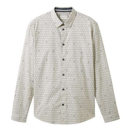 Chemise en coton blanc imprimé géométrique avec col français et coupe droite