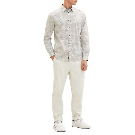 Chemise en coton blanc imprimé géométrique avec col français et coupe droite - Image 2