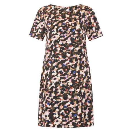 Robe courte à manches courtes multicolore imprimée avec une coupe droite et un col rond