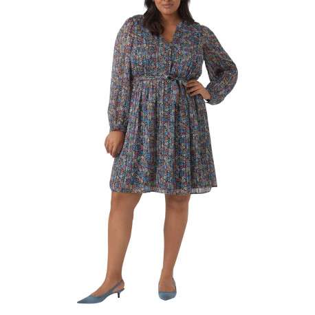 Robe courte bleue fleurie avec coupe fluide col rond fendu et manches longues