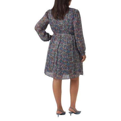 Robe courte bleue fleurie avec coupe fluide col rond fendu et manches longues - Image 2