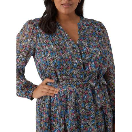 Robe courte bleue fleurie avec coupe fluide col rond fendu et manches longues - Image 3