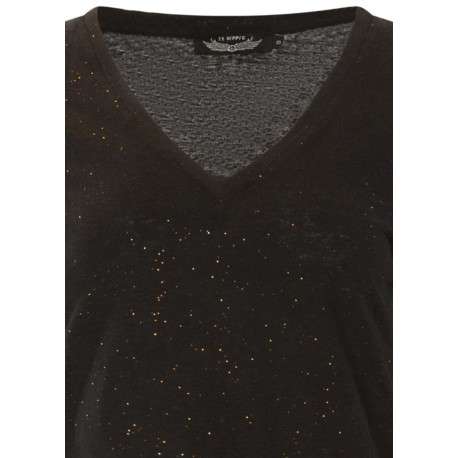 T-shirt noir à paillettes avec une coupe droite et un col V - Image 3