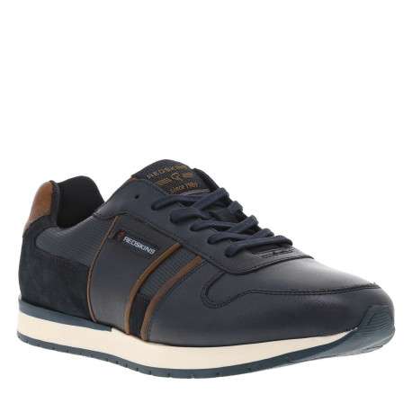 Sneakers en cuir bleu marine à détails marron et à lacets plats bleu marine - Image 3