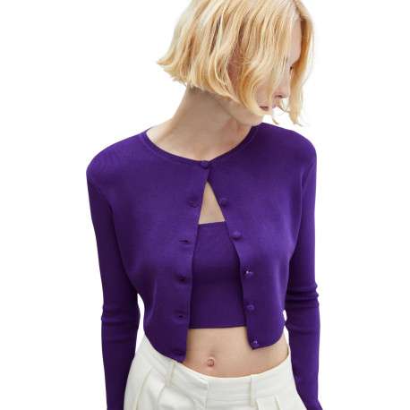 Cardigan boutonné violet avec une coupe cropped et un col rond - Image 3