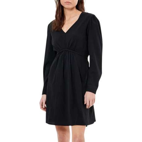 Robe courte noire unie à coupe patineuse col v et à manches longues