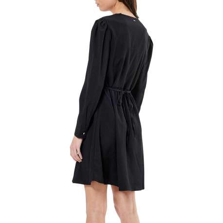 Robe courte noire unie à coupe patineuse col v et à manches longues - Image 2