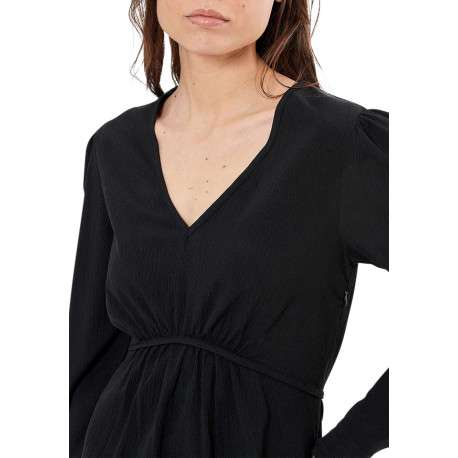 Robe courte noire unie à coupe patineuse col v et à manches longues - Image 3