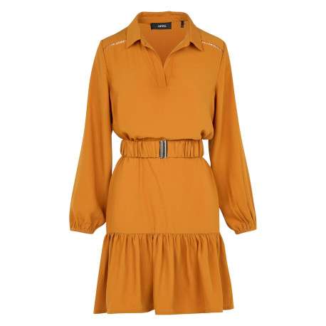 Robe courte jaune unie à coupe péplum col v à revers et à manches longues - Image 3