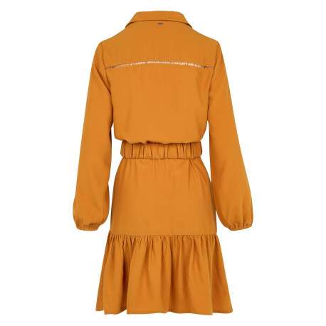 Robe courte jaune unie à coupe péplum col v à revers et à manches longues - Image 5