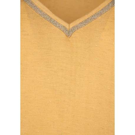 T-shirt jaune en maille dévorée à coupe ample col v et à manches courtes - Image 3