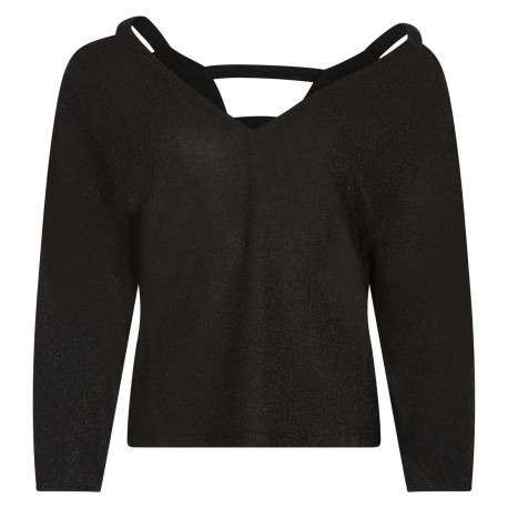 Pull noir léger, coupe ample, à col en V profond et à manche 3/4