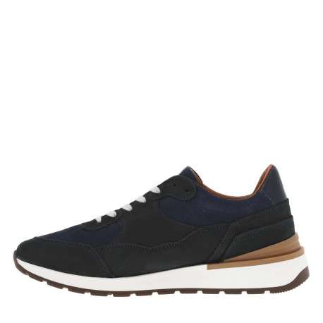 Baskets style running en cuir bleu marine à semelle semi-compensée et lacets
