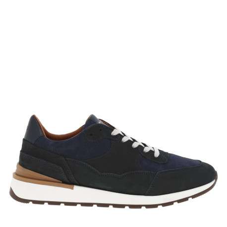 Baskets style running en cuir bleu marine à semelle semi-compensée et lacets - Image 2