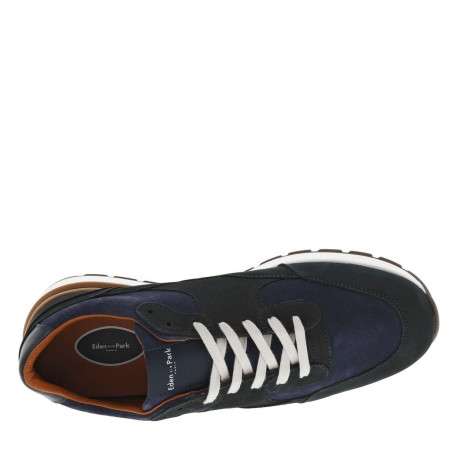 Baskets style running en cuir bleu marine à semelle semi-compensée et lacets - Image 4