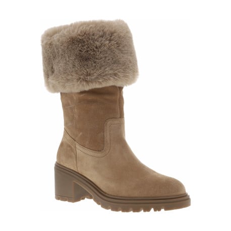 Bottes fourrées en cuir nubuck beige avec un talon décroché moyen et un zip
