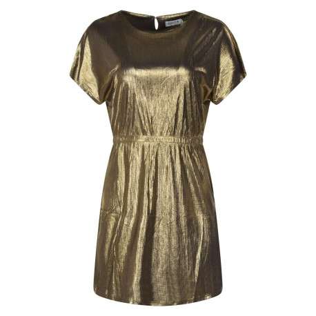 Robe courte dorée avec une coupe droite un col rond et des manches courtes