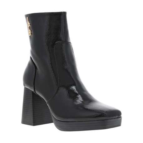 Boots en simili cuir noir vernis à semelle patinée, talon décroché haut et zip - Image 3