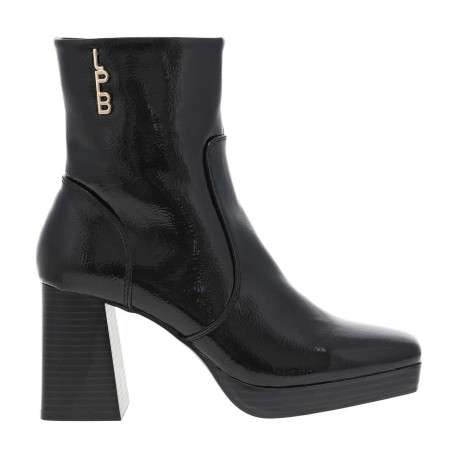 Boots en simili cuir noir vernis à semelle patinée, talon décroché haut et zip - Image 2