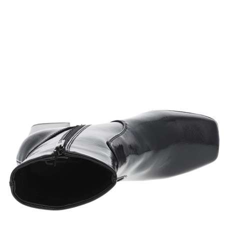 Boots en simili cuir noir vernis à semelle patinée, talon décroché haut et zip - Image 4