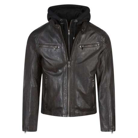 Blouson en cuir marron avec une coupe droite et une capuche amovible - Image 3