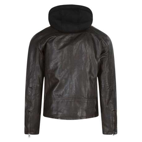 Blouson en cuir marron avec une coupe droite et une capuche amovible - Image 4