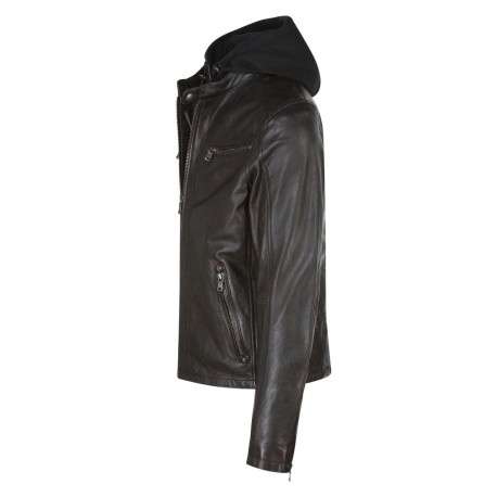 Blouson en cuir marron avec une coupe droite et une capuche amovible - Image 5