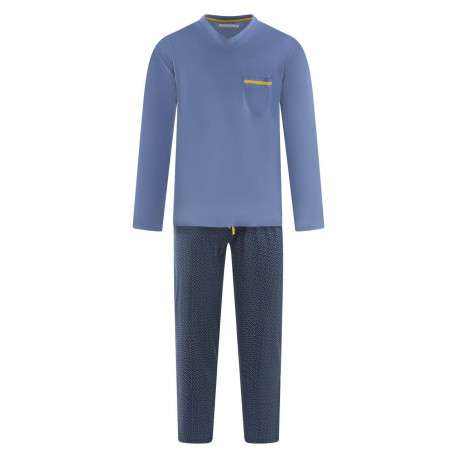 Pyjama long en coton bleu à imprimé avec une coupe droite et un col v