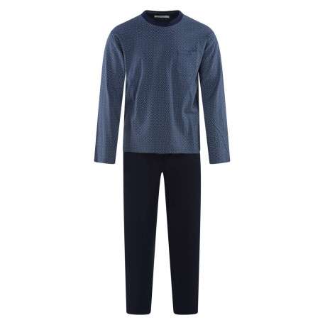 Pyjama long en coton bleu à imprimé une coupe droite et un col rond