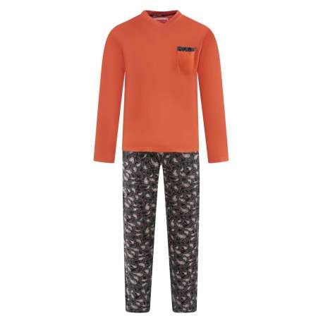 Pyjama long en coton couleur brique et fleuri avec une coupe droite et un col v