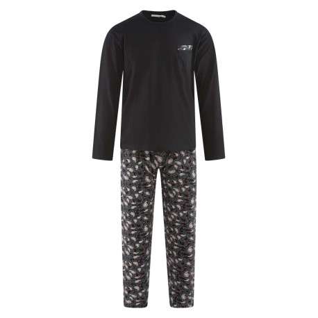Pyjama long en coton noir et fleuri avec une coupe droite et un col rond