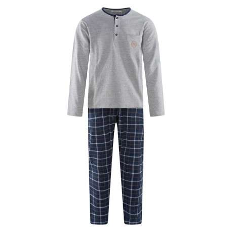 Pyjama long en coton gris et à carreaux avec une coupe droite et un col tunisien
