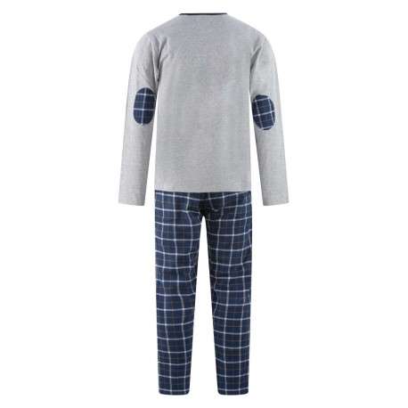 Pyjama long en coton gris et à carreaux avec une coupe droite et un col tunisien - Image 2