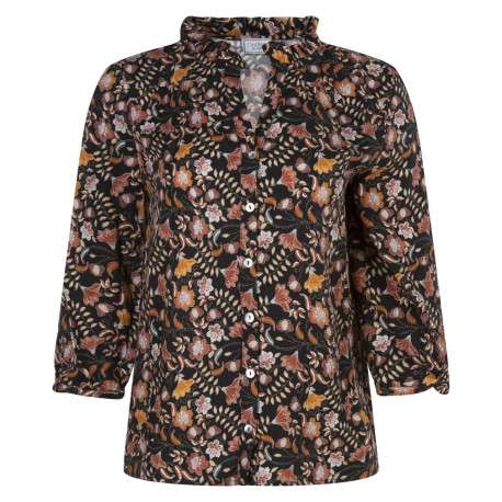 Chemisier noir fleuri avec une coupe ample un col v ruffle et des manche 3/4