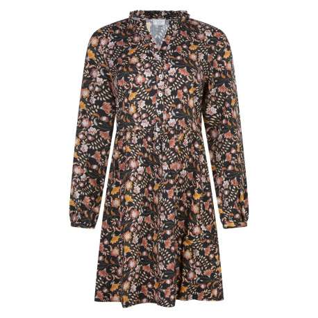 Robe courte noire fleurie à coupe droite un col v ruffle et des manches longues