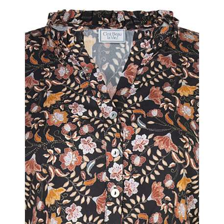 Robe courte noire fleurie à coupe droite un col v ruffle et des manches longues - Image 3