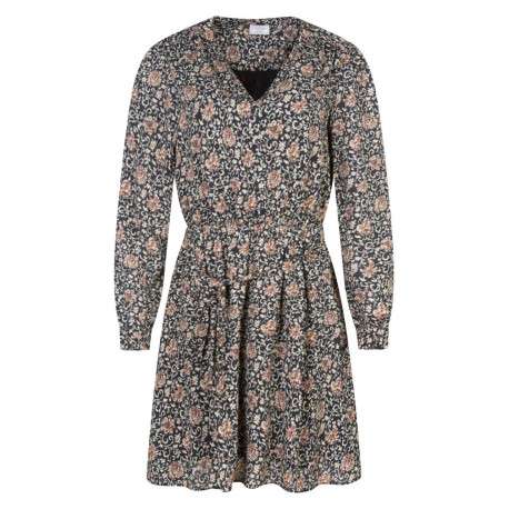 Robe courte noire fleurie à coupe droite un col tunisien et des manches longues