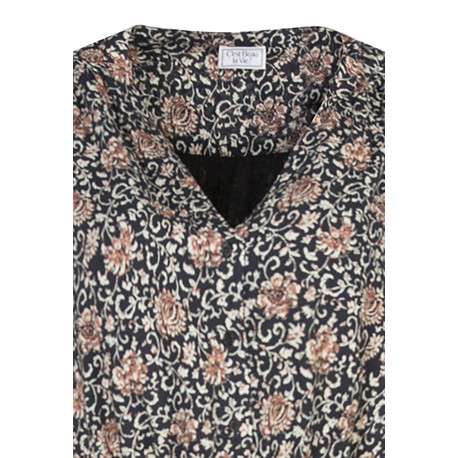 Robe courte noire fleurie à coupe droite un col tunisien et des manches longues - Image 3
