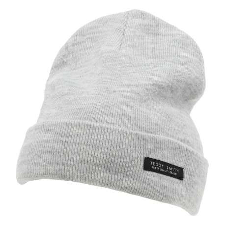 Bonnet gris clair chiné avec un revers et nom de la marque cousue à l'avant