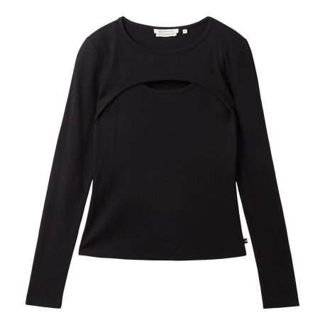 T-shirt en coton noir uni coupe droite avec un col rond et une fente poitrine