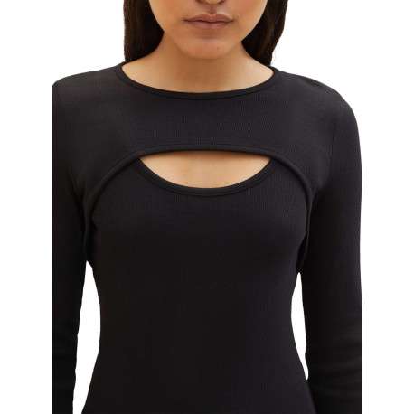 T-shirt en coton noir uni coupe droite avec un col rond et une fente poitrine - Image 3