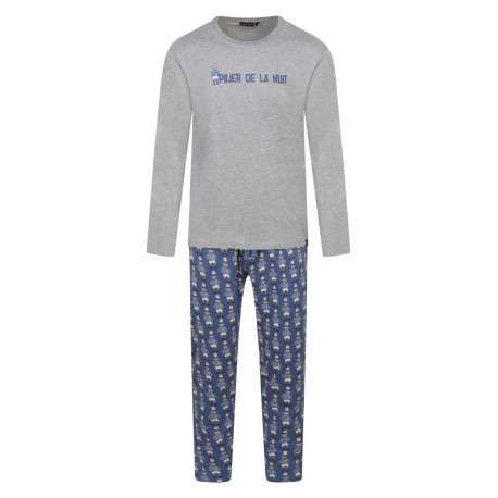 Pyjama long en coton gris imprimé ours avec une coupe droite et un col rond