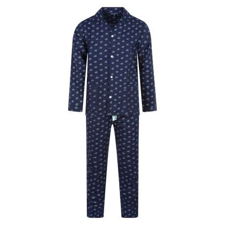 Pyjama long en coton marine imprimé voiture à coupe droite et col cranté