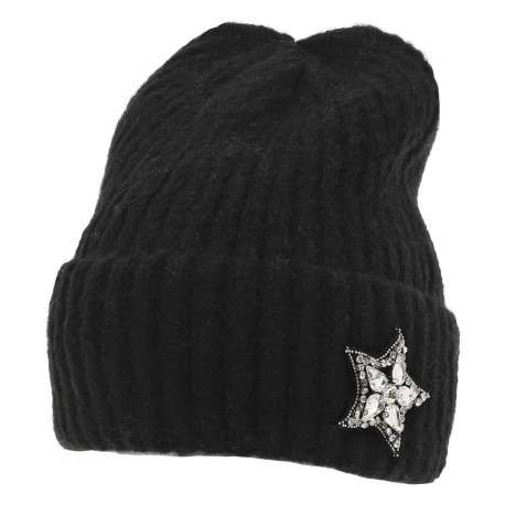 Bonnet noir uni à revers et en tricot avec strass en forme d'étoile - Image 2