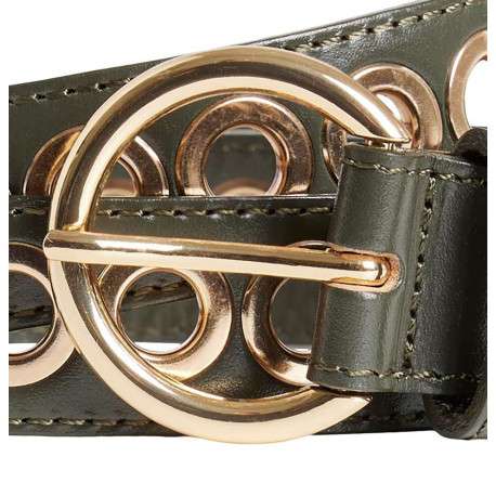 Ceinture en cuir kaki unie avec une boucle ronde et et des oeillets dorées - Image 2